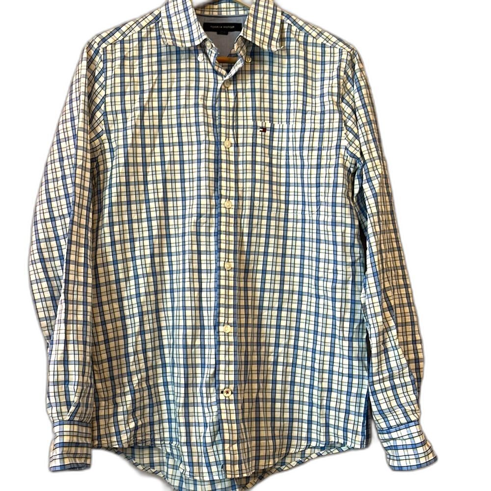 Tommy Hilfiger Mens Plaid Button Down Shirt Classic Preppy Office Blue Small
